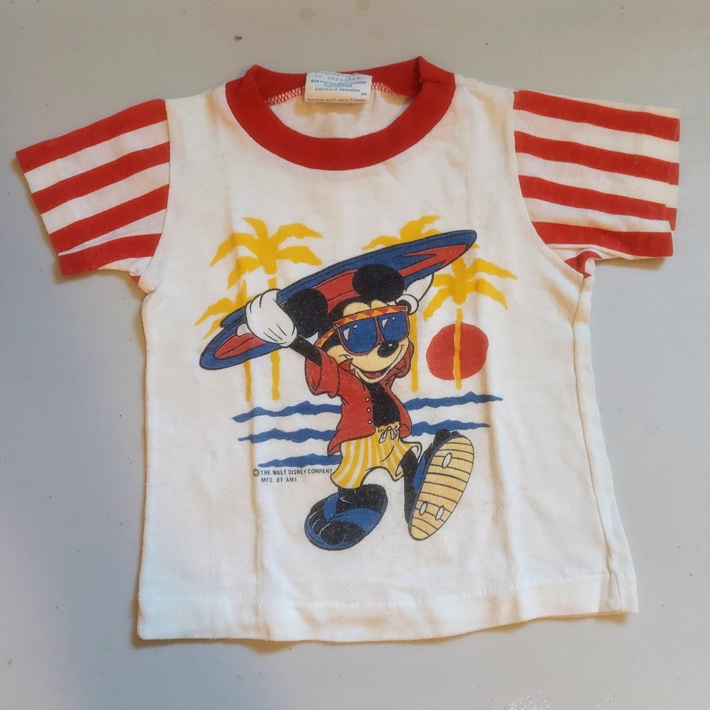 Vintage 80s Disney Kids Mickey Mouse Surfing Red and White Tee